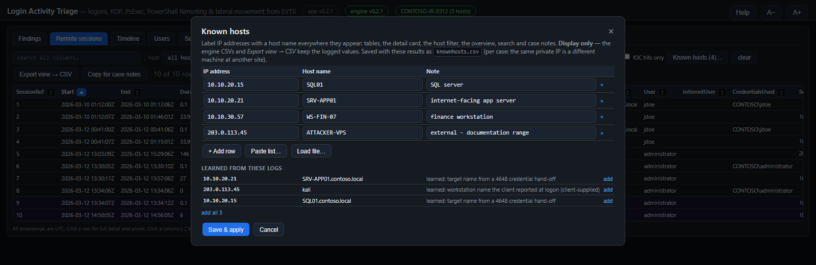 Known hosts dialog with IP to name mappings and names learned from the logs